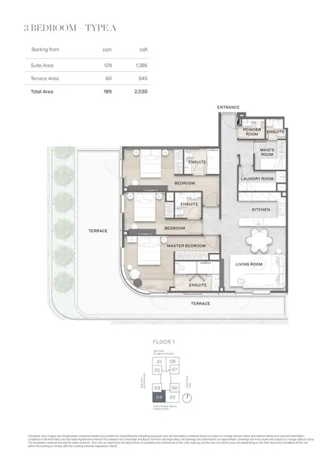 Avida Residences at Dubai Islands: Floor plan Type A (Unit-04), 2,030 sq ft