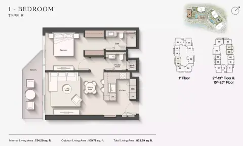 Eltiera Views 4: Floor plan Type B, 833 sq ft