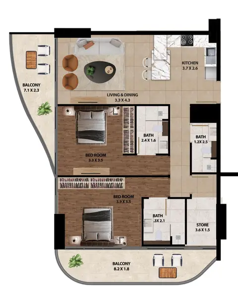 Marquis One at Arjan: Floor plan 2 Bedrooms