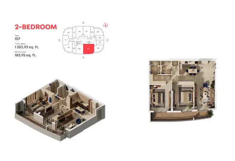 MAG 777 Dubai: Floor plan Type 107, 1,384 sq ft