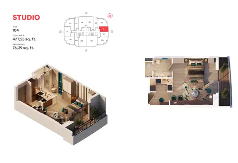 MAG 777 Dubai: Floor plan Type 104, 478 sq ft
