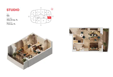 MAG 777 Dubai: Floor plan Type 105, 456 sq ft