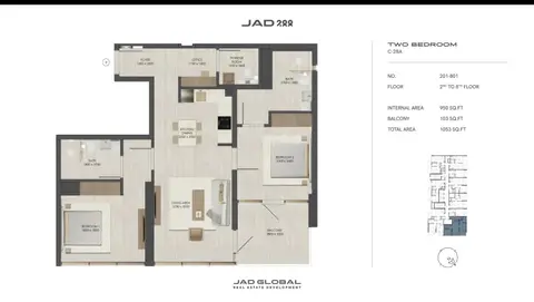 جاد 288 في السطوة: مخطط الطابق 2nd to 8th Floor (Type A-Unit 201-801), 1,153 sq ft