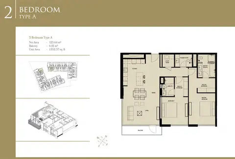 Q Gardens Boutique Residences: फ़्लोर प्लान 2-Bedroom-Type-A, Size-1352 Sq-Ft, 1,352 sq ft