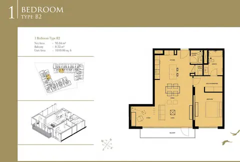 Q Gardens Boutique Residences: फ़्लोर प्लान 1-Bedroom-Type-B2, Size-1010 Sq Ft, 1,010 sq ft