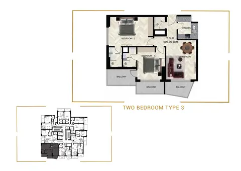 Empire Residence at JVC: Floor plan Type 3, 997 sq ft