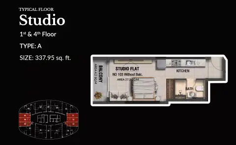 لينكولن ستار ريزيدنس 4: مخطط الطابق Type A, 337 sq ft