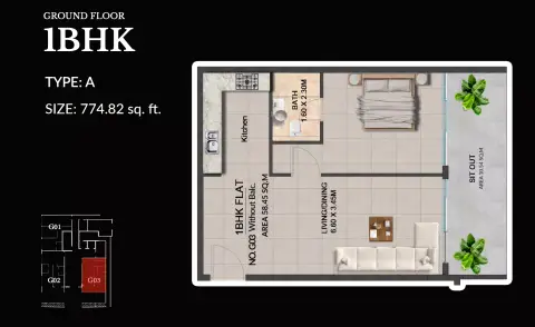 لينكولن ستار ريزيدنس 4: مخطط الطابق Type A, 774 sq ft
