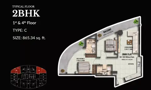 لينكولن ستار ريزيدنس 4: مخطط الطابق Type C, 865 sq ft