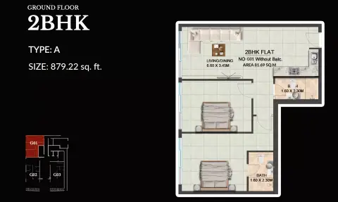 لينكولن ستار ريزيدنس 4: مخطط الطابق Type A, 879 sq ft