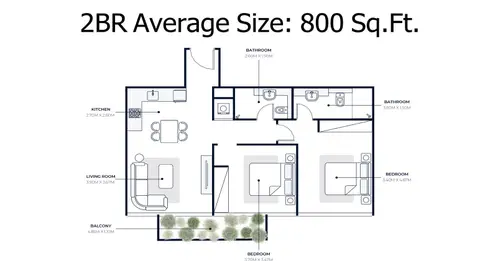Azizi Riviera Meydan: Floor plan 2 Bedroom, 800 sq ft