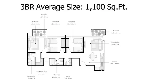 Azizi Riviera Meydan: Floor plan 3 Bedroom, 1,100 sq ft