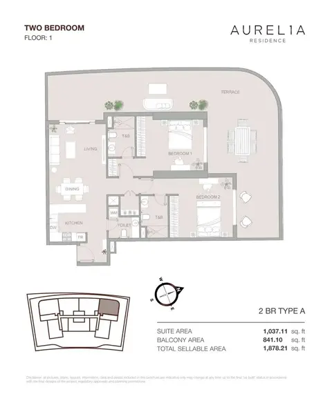 أوريليا ريزيدنس في مدينة دبي الرياضية: مخطط الطابق TYPE A, 1,878 sq ft