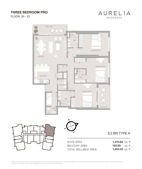 أوريليا ريزيدنس في مدينة دبي الرياضية: مخطط الطابق TYPE A, 1,655 sq ft