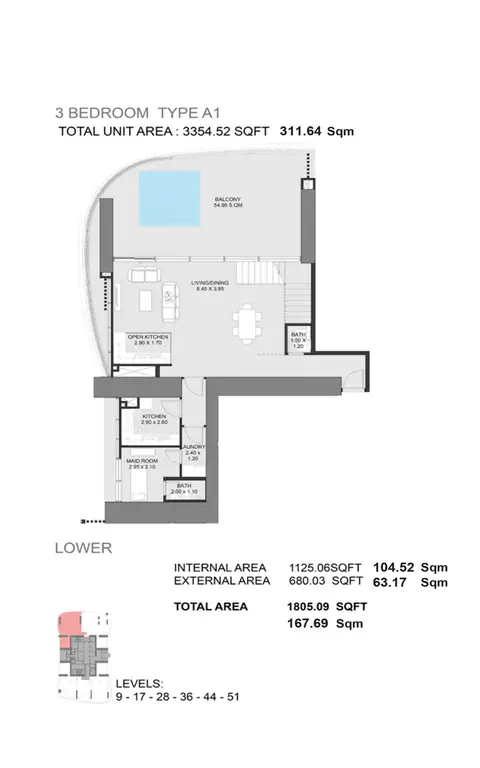 Madain Tower Dubai Marina: Floor plan Type A1 Lower, 3,355 sq ft