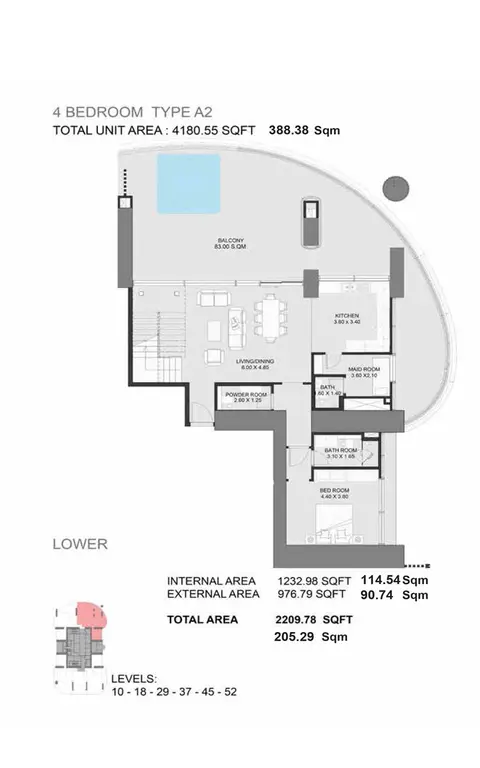 Madain Tower Dubai Marina: Floor plan Type A2 Lower, 4,181 sq ft