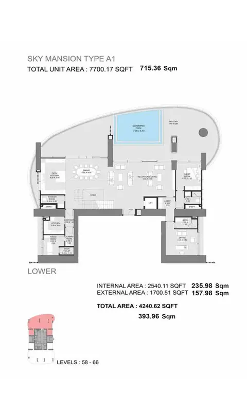 Madain Tower Dubai Marina: Floor plan Type A1 Lower, 7,700 sq ft