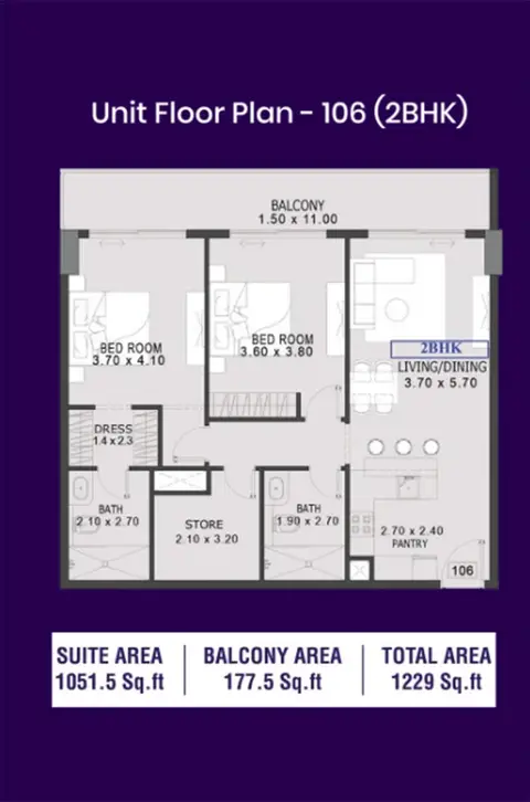 One: Floor plan Unit-106, 1,229 sq ft