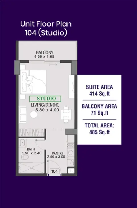 One: Floor plan Unit-104, 485 sq ft