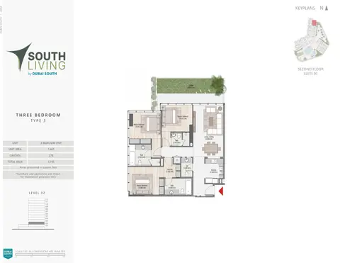 ساوث ليفينج: مخطط الطابق Type 3, 1,745 sq ft
