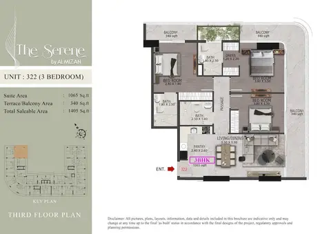 Serene Residences at Dubai South: Unit 322, 1,405 sq ft 户型图