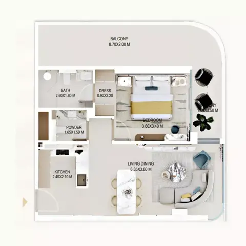Rabdan Gardens: Floor plan Type 2, 850 sq ft