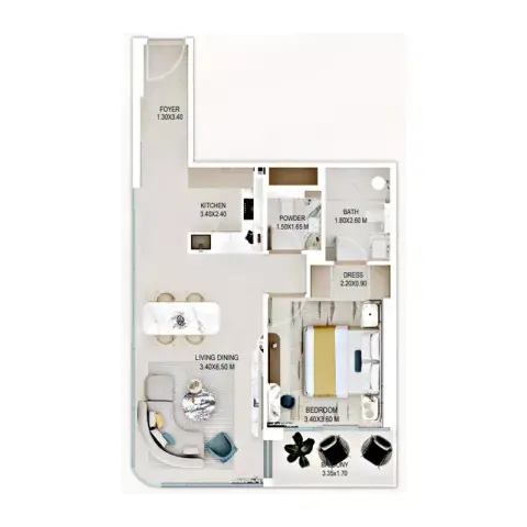 Rabdan Gardens: Floor plan Type 1, 745 sq ft