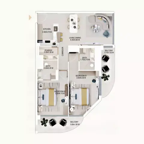 Rabdan Gardens: Floor plan Type 1, 1,180 sq ft