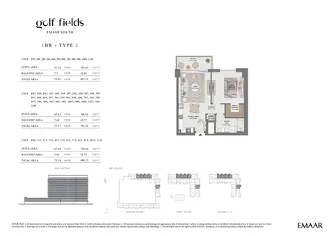 Golf Field at Emaar South: Floor plan Type 1 (Unit P02-1112), 809 sq ft