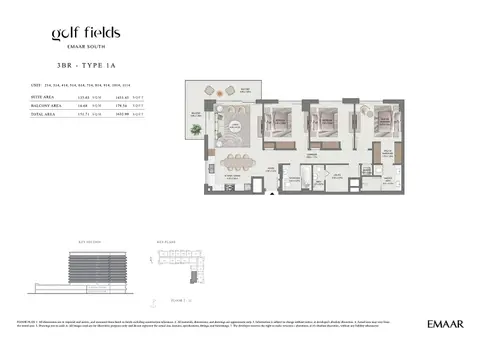 Golf Field at Emaar South: Floor plan Type 1A (Unit 214-1114), 1,633 sq ft