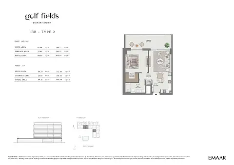 Golf Field at Emaar South: Floor plan Type 2 (Unit 102-115), 961 sq ft