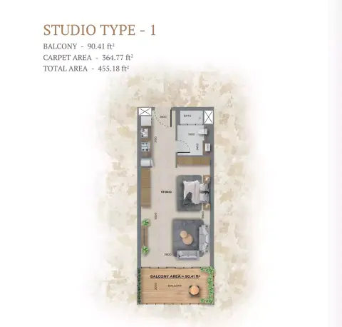 368 Park Ln: Floor plan Type 1, 455 sq ft