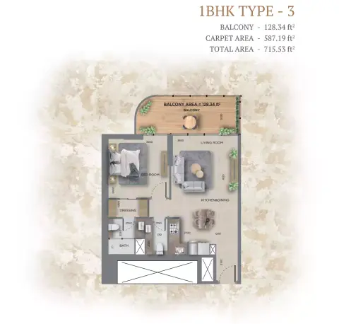 368 Park Ln: Floor plan Type 3, 715 sq ft