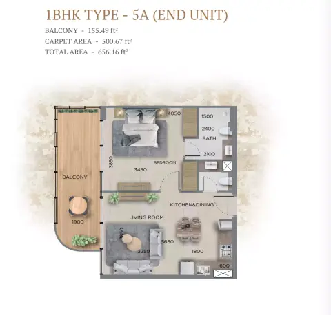 368 Park Ln: Floor plan Type 5A, 656 sq ft