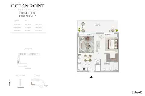 Emaar Ocean Point Mina Rashid: Plan Type 1A, 967 sq ft