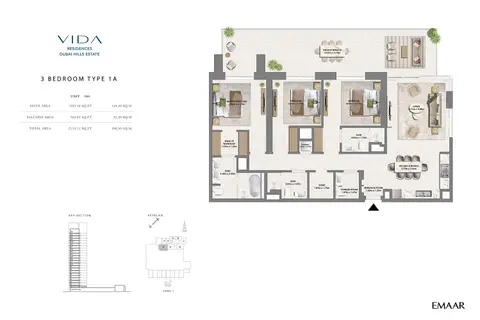 Vida Residences at Dubai Hills Estate: फ़्लोर प्लान Type 1A, 2,115 sq ft