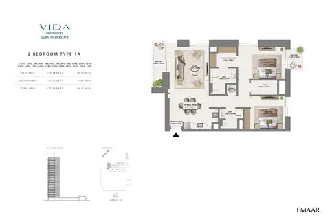 Vida Residences at Dubai Hills Estate: फ़्लोर प्लान Type 1A, 1,275 sq ft