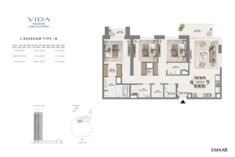 Vida Residences at Dubai Hills Estate: फ़्लोर प्लान Type 1B, 1,700 sq ft