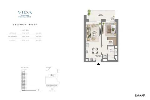 Vida Residences at Dubai Hills Estate: फ़्लोर प्लान Type 1B, Unit G-03, 871 sq ft