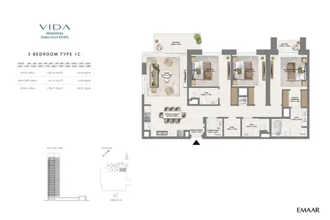 Vida Residences at Dubai Hills Estate: फ़्लोर प्लान Type 1C, 1,704 sq ft