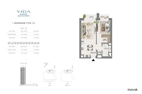 Vida Residences at Dubai Hills Estate: फ़्लोर प्लान Type 1C, 780 sq ft