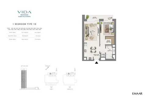 Vida Residences at Dubai Hills Estate: फ़्लोर प्लान Type 1D, 787 sq ft