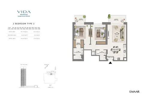 Vida Residences at Dubai Hills Estate: फ़्लोर प्लान Type 2, 1,245 sq ft