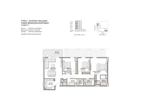 The Pulse Boulevard Apartments: फ़्लोर प्लान 3-Bedroom-Apartments,Type-2,Size-1506.10-Sq.ft, 1,506 sq ft