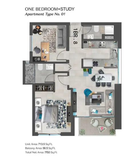 مورانو ريزيدنسز 5: مخطط الطابق 1-Bedroom-Apartment,Type-1,Size-770-Sq Ft, 770 sq ft