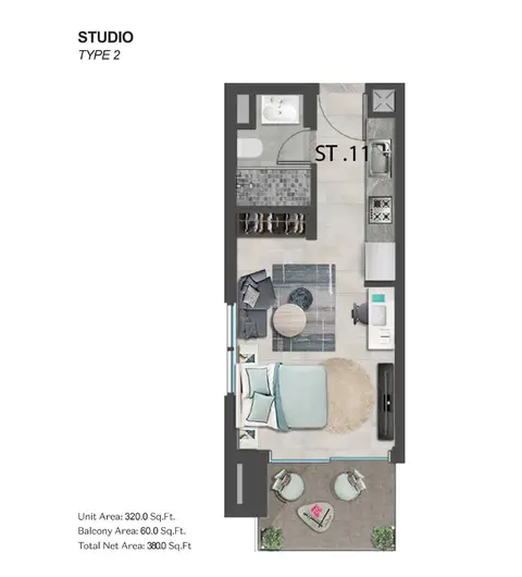 مورانو ريزيدنسز 5: مخطط الطابق Studio-Type-2,Size-380.00-Sq Ft, 380 sq ft