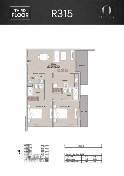 Oxford Boulevard: Планировка Unit R315, 1,065 sq ft