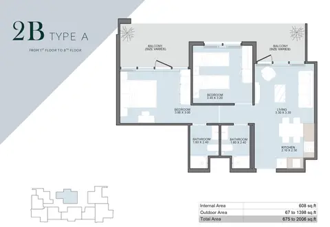 Alba Tower at Al Satwa: Floor plan Type A, 1st to 8th Floor, 2,006 sq ft