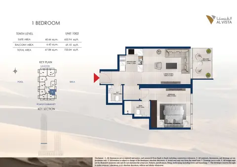 Al Vista at Meydan Horizon: Floor plan Unit 1002, 722 sq ft