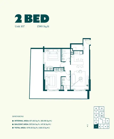 Rise Residences at JVC: Floor plan Unit 107, 1,380 sq ft